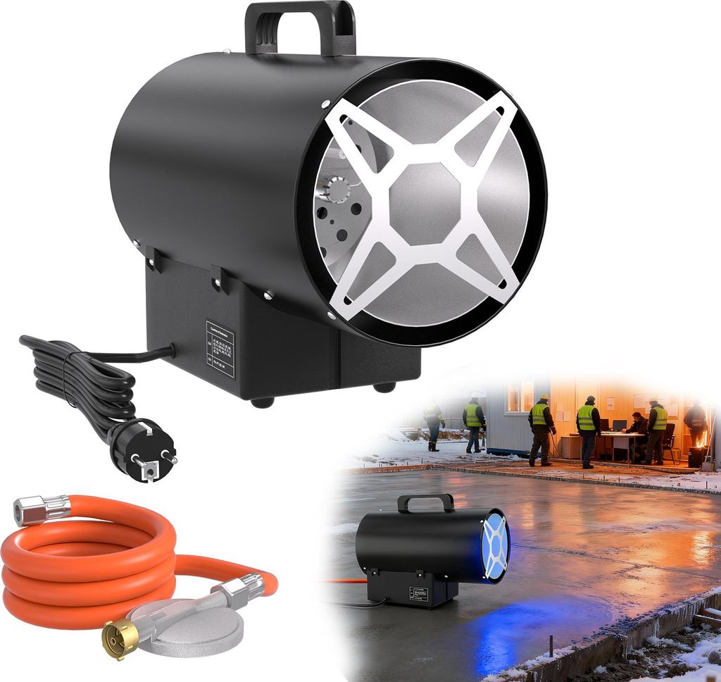 UISEBRT Gasheizgebläse 15kW - Mobiles Gas-Heizgerät mit Druckregler, Überhitzungsschutz & Schlauch für Werkstatt/Industrie