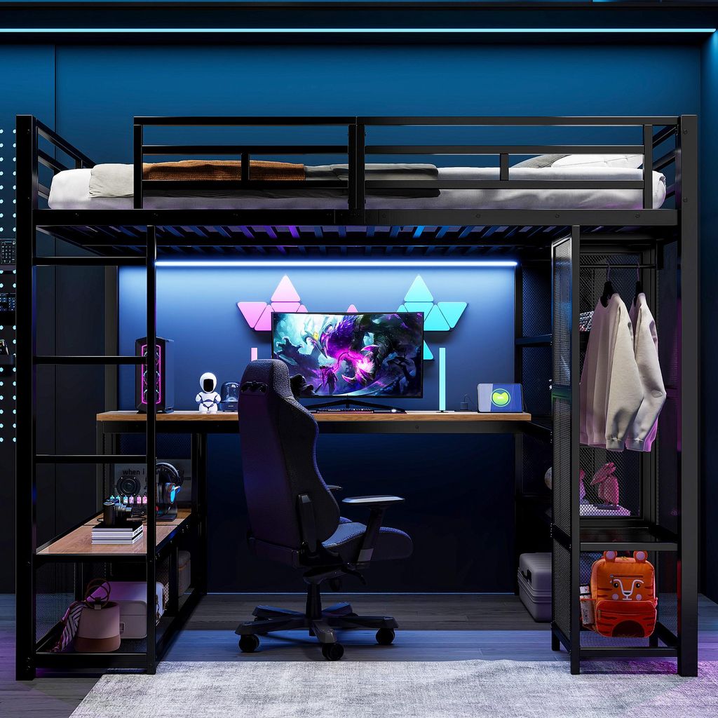 A loft bed with a desk and storage underneath, set up in a modern, gamer-themed bedroom with LED lighting.