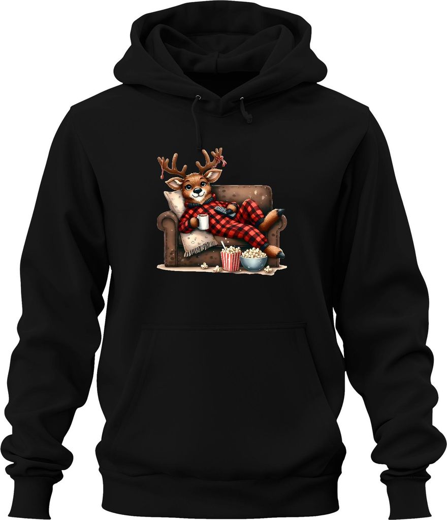 Faules Rentier Weihnachten Kinoabend Popcorn Pyjama Kuschelig Uni Hoodie Kapuzenpullover, Schwarz, 3XL