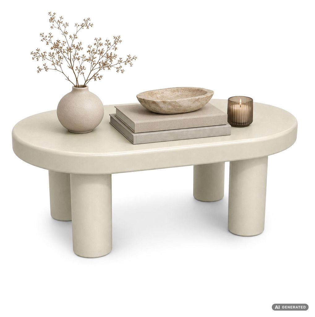 Ovaler Couchtisch MATE 85 cm Creme mit vier zylindrischen Produktbild 