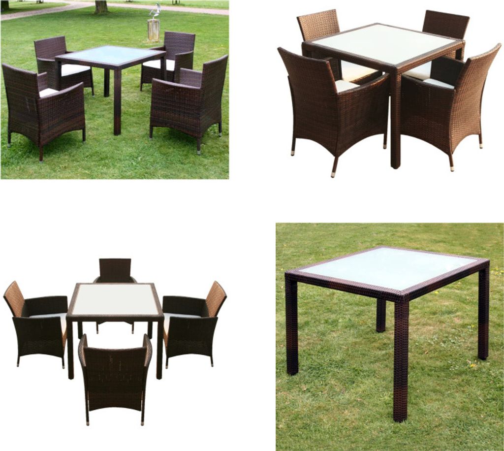 vidaXL 5 tlg. Garten Essgruppe mit Auflagen Poly Rattan Braun - Gartenmöbel Set - Gartenmöbel Sets - Gartentisch - Gartentische