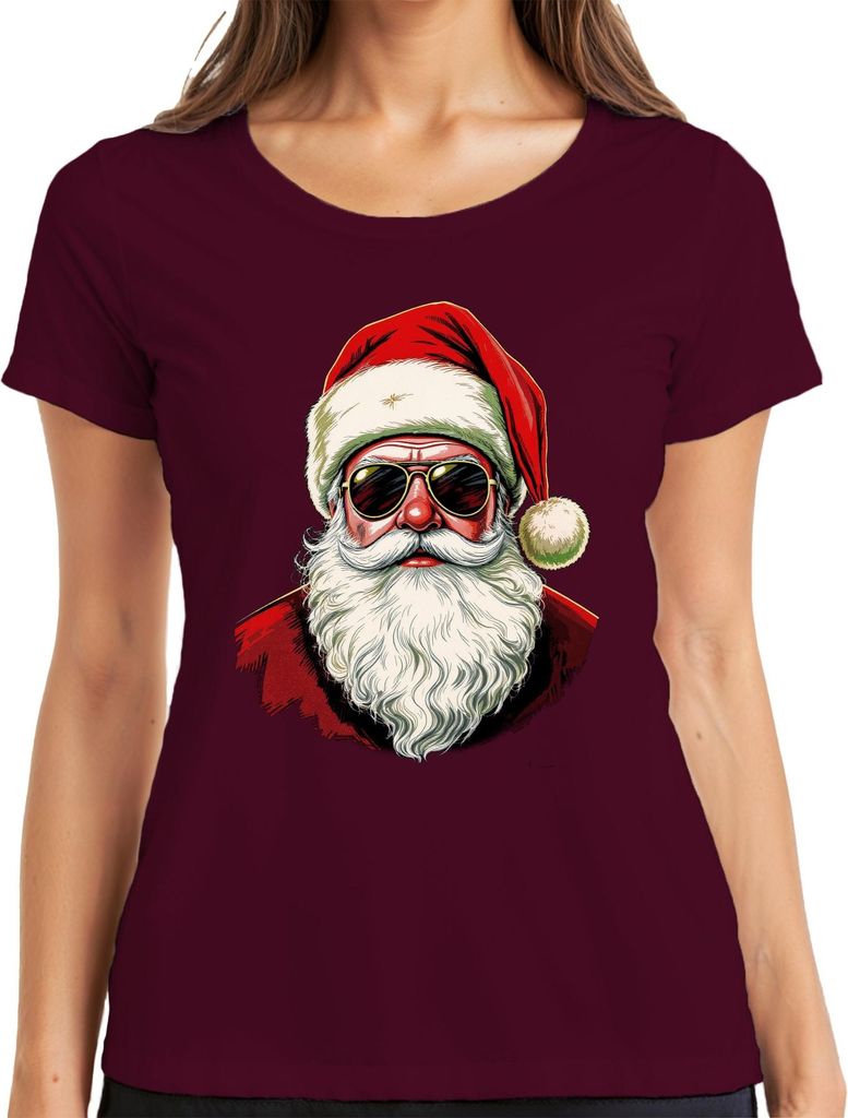 Weihnachtsmann Sonnenbrille Cool Hipster Retro Vintage Santa Mütz Damen T-Shirt, Burgundy, XL