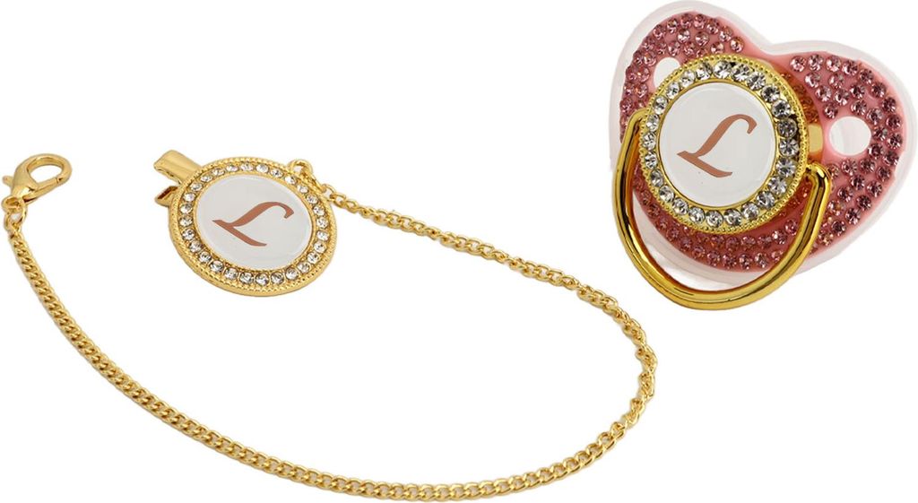 Golden Baby Schnuller bedeckter Strasssteine gekrümmte Design Silikon für Milchpulver Fütterungsbuchstaben l