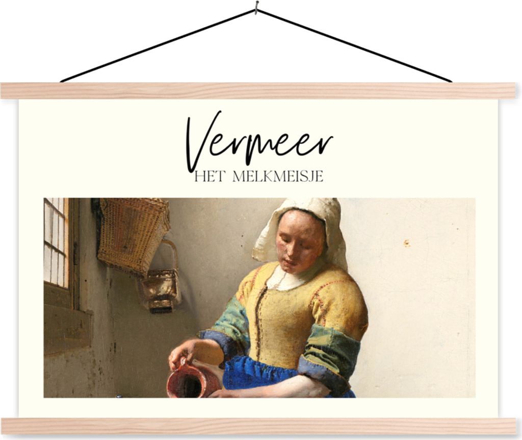 MuchoWow Textilposter Milchmädchen - Vermeer - Alte Meister 120x80 cm mit holzfarbenen Rahmen - Aufhängeset