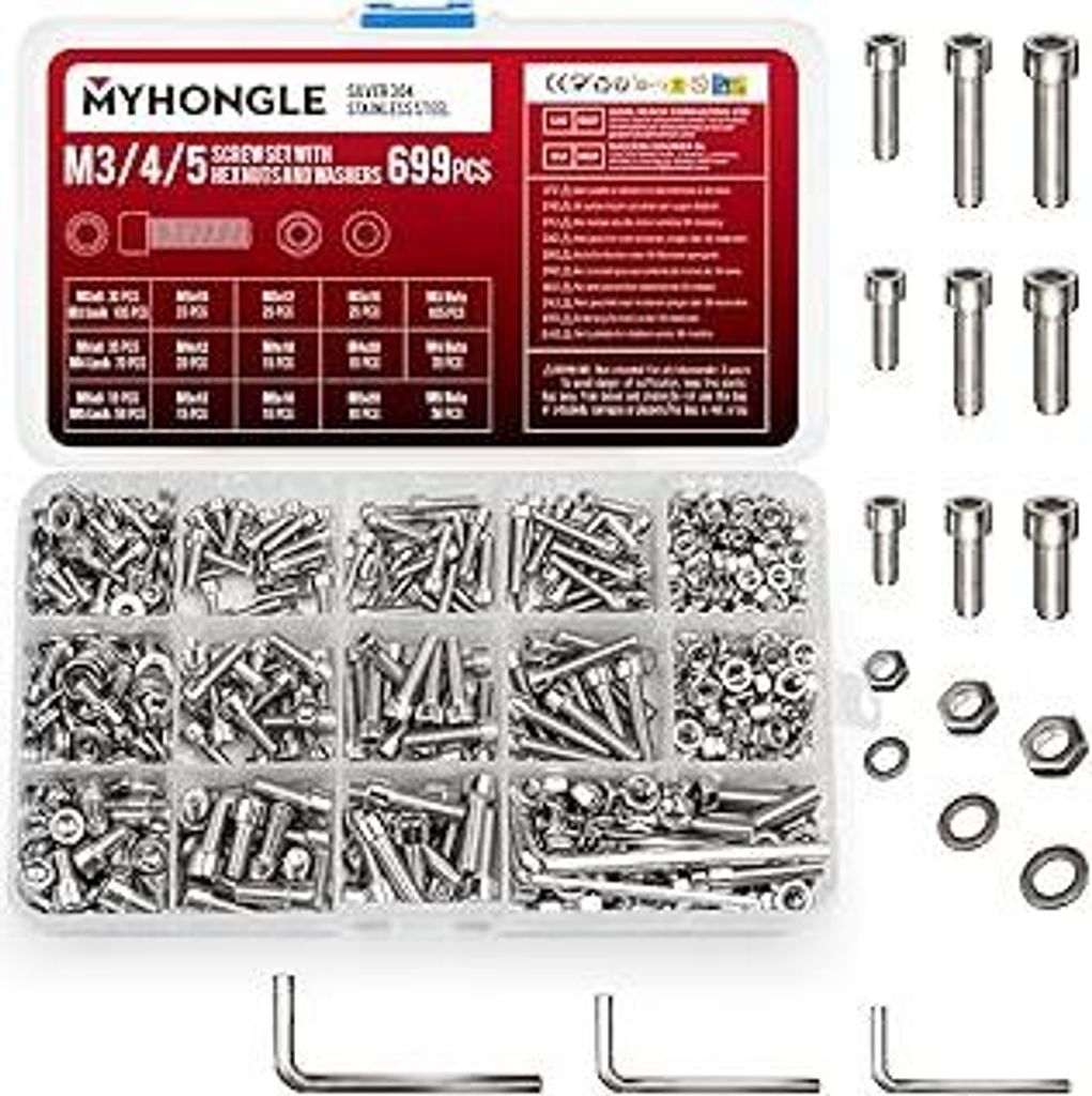 699 Stück M3 M4 M5 Schrauben Set, Edelstahl Zylinderschrauben mit Innensechskant Schrauben Muttern Set mit Unterlegscheiben Set, Sechskantschraube...