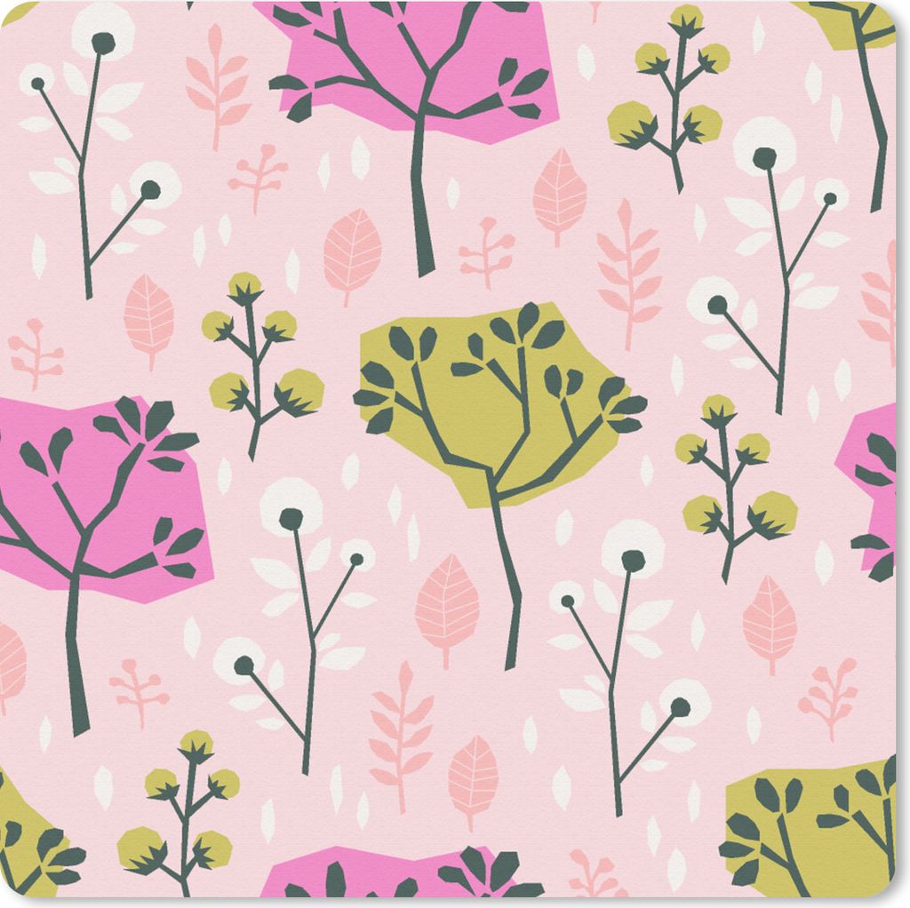 MuchoWow Mauspad Mousepad Rosa - Bäume - Blätter - Design 20x20 cm - Mousepads - Maus Mat - Pad - Mausunterlage - Desk Mat - Bureauartikeln