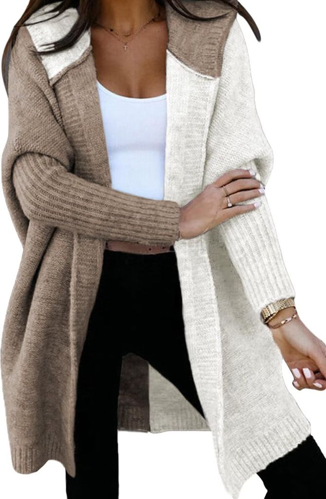 ASKSA Damen Strickjacken Kapuzenpullover Warm Lang Cardigan Strickmantel Casual Herbst Winter Grobstrickjacke Mit Kapuze (Khaki,L)