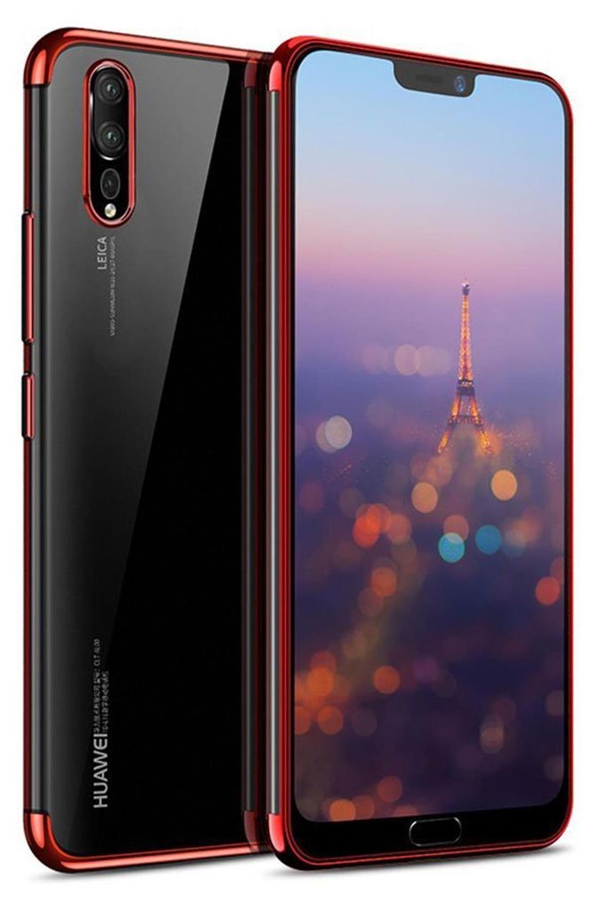 A Huawei P20 smartphone with a transparent case with a red border, displayed from the back and front.