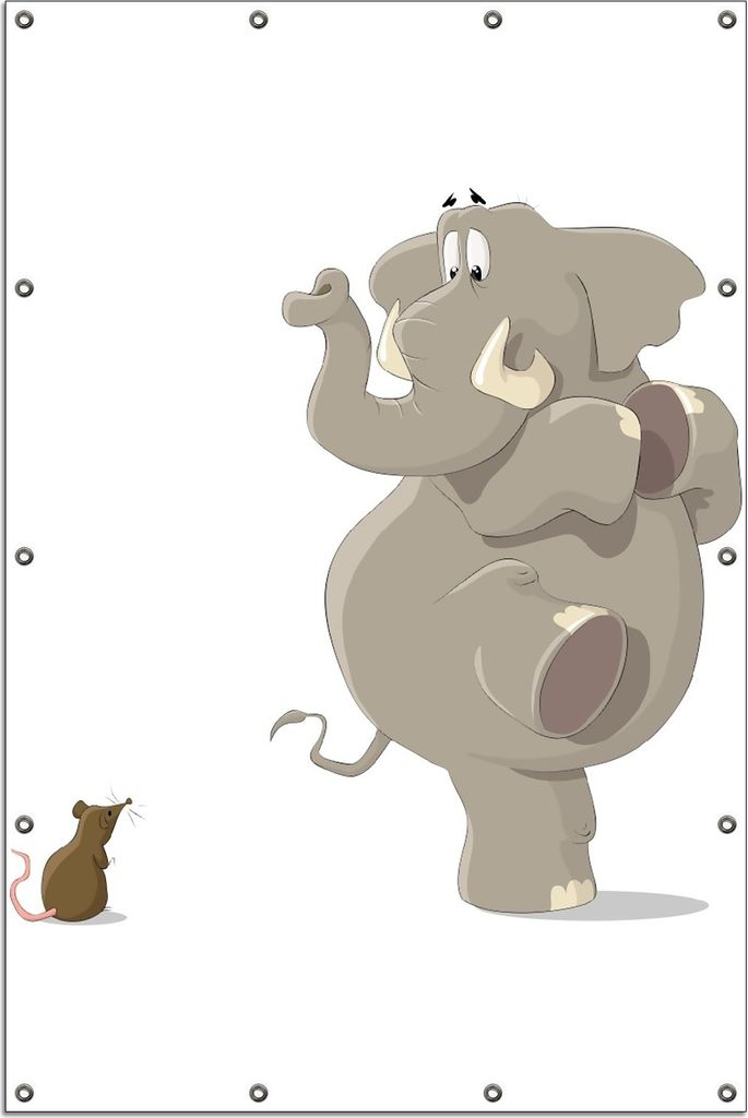 Wallario Outdoor-Poster für Garten oder Balkon, Motiv Elefant erschrickt vor Maus, in ca. 120 x 180 cm