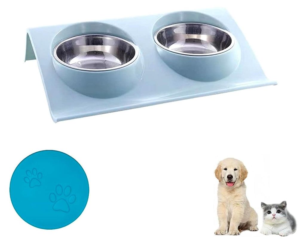 Edelstahlnapf für Hunde und Katzen, tragbare Doppelnäpfe, mit Deckel für Dosen, klein, Blau