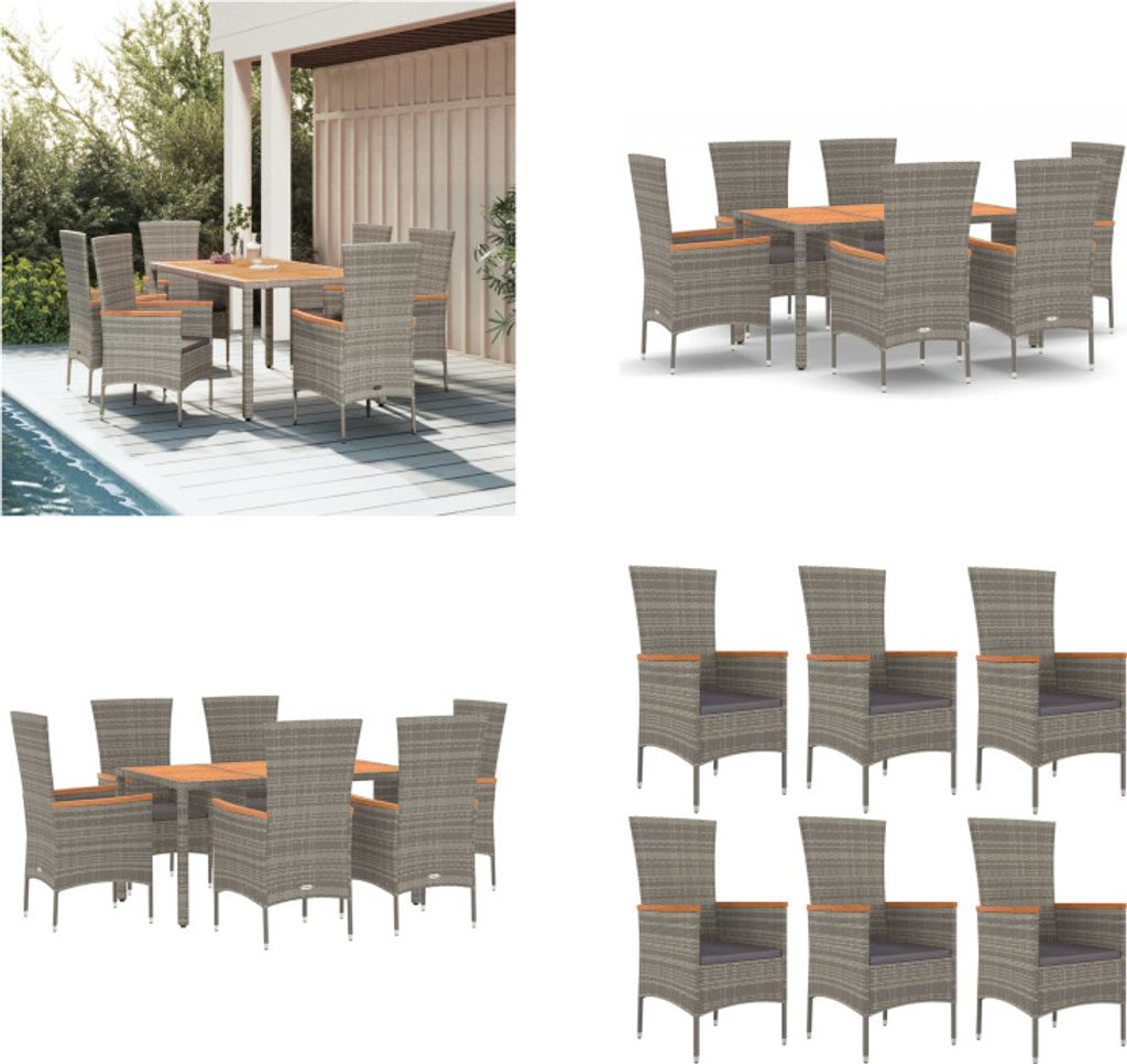 vidaXL 7 tlg. Garten Essgruppe mit Kissen Grau Poly Rattan - Garten Essgruppe - Garten Essgruppen - Essgruppe - Essgruppe Terrasse