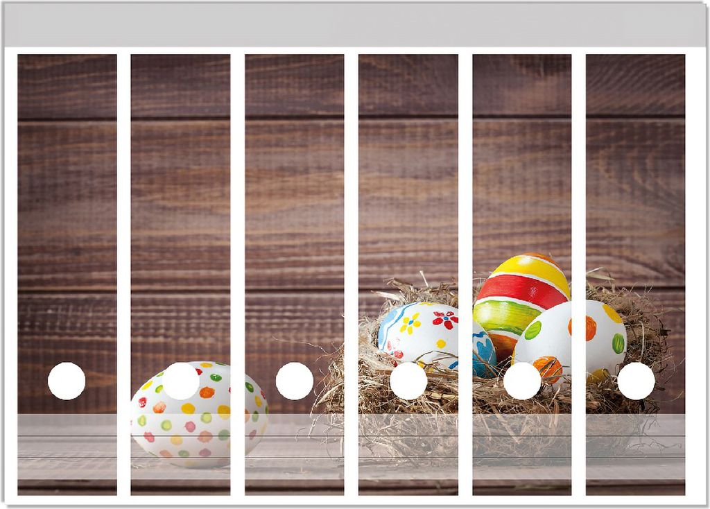 Wallario Ordnerrücken Sticker, selbstklebend für breite Ordner, 6 Stück, Motiv Bunte bemalte Eier an Ostern im Vorgelnest vor hölzerner Wand