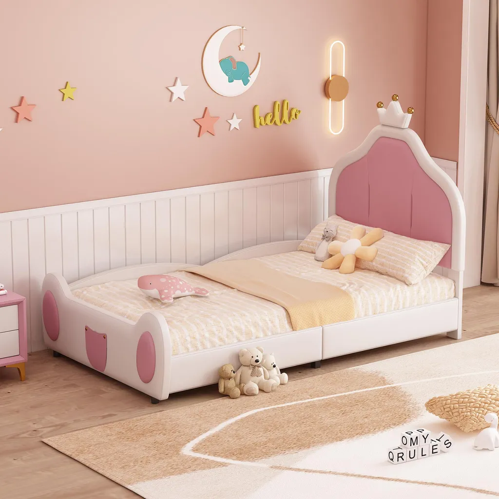 Lit Cabane Fille 90x200 cm avec Tête de Lit Couronne en Simili Cuir