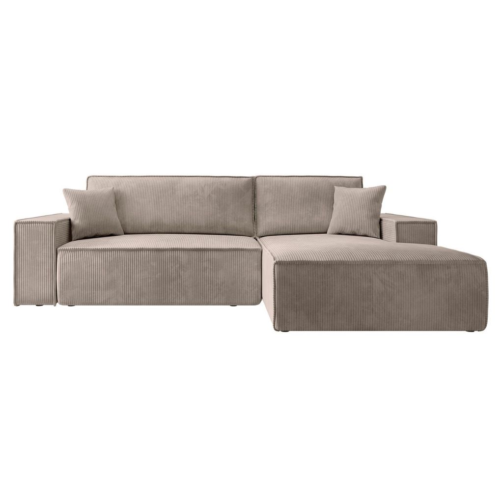 Ecksofa Farese mit Schlaffunktion und Bettkasten, Ottomane rechts, Cordbezug in Beige