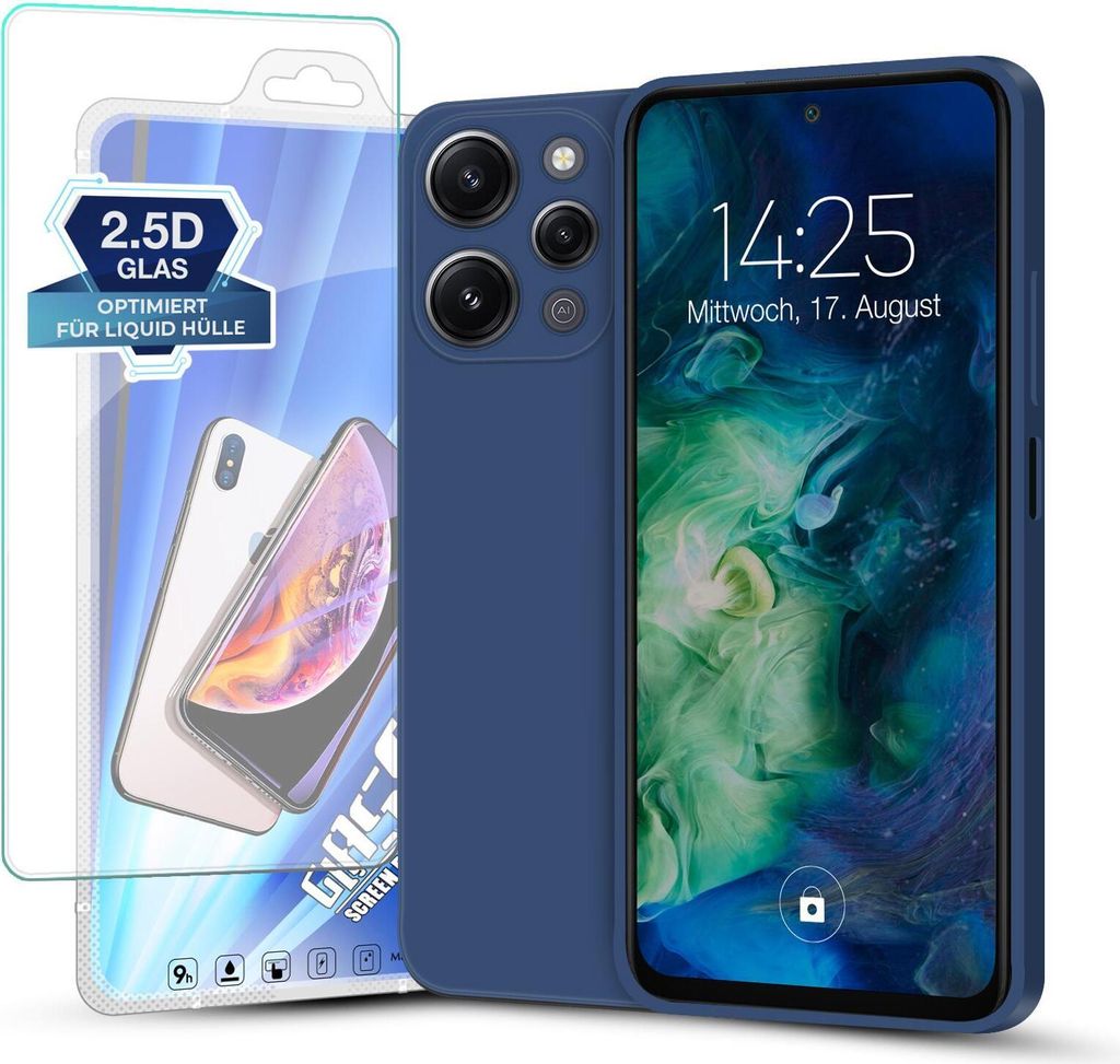 A blue phone case and screen protector are displayed against a white background.