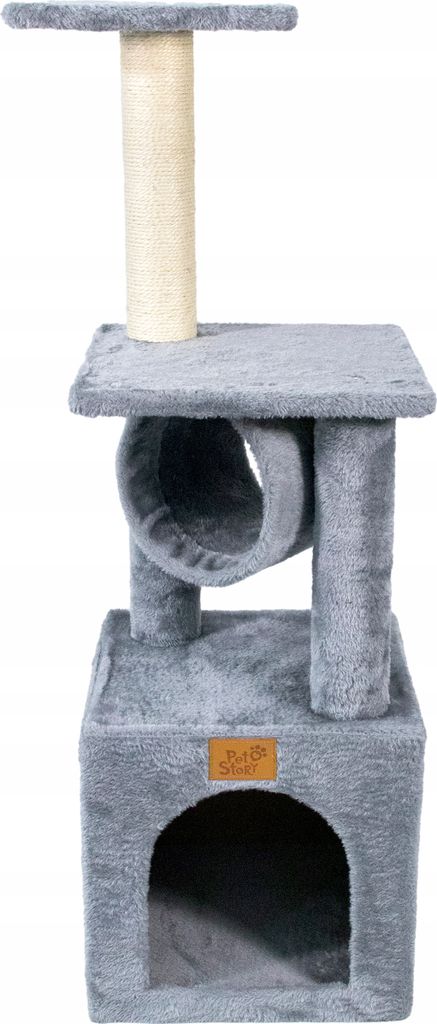 A gray cat tree with multiple levels and a scratching post, shown against a white background.