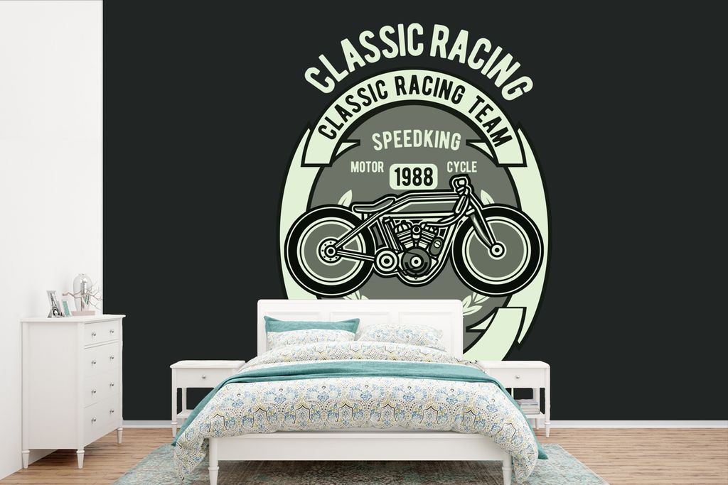 MuchoWow Fototapete für Wohnzimmer oder Schlafzimmer Wandtapete Vinyl Motivtapete Motorrad - Zeichnung - Retro - 525x350 cm - Das Hintergrundbild