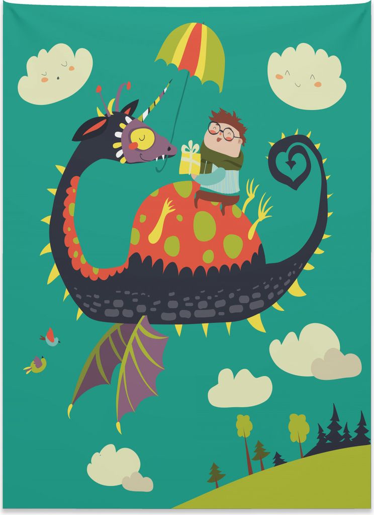Abakuhaus Kindergarten Wandteppich, Fantasy Drachenreiter aus Weiches Mikrofaser Stoff Kein Verblassen Klare Farben Waschbar, 110 x 150 cm, Mehrfarbig