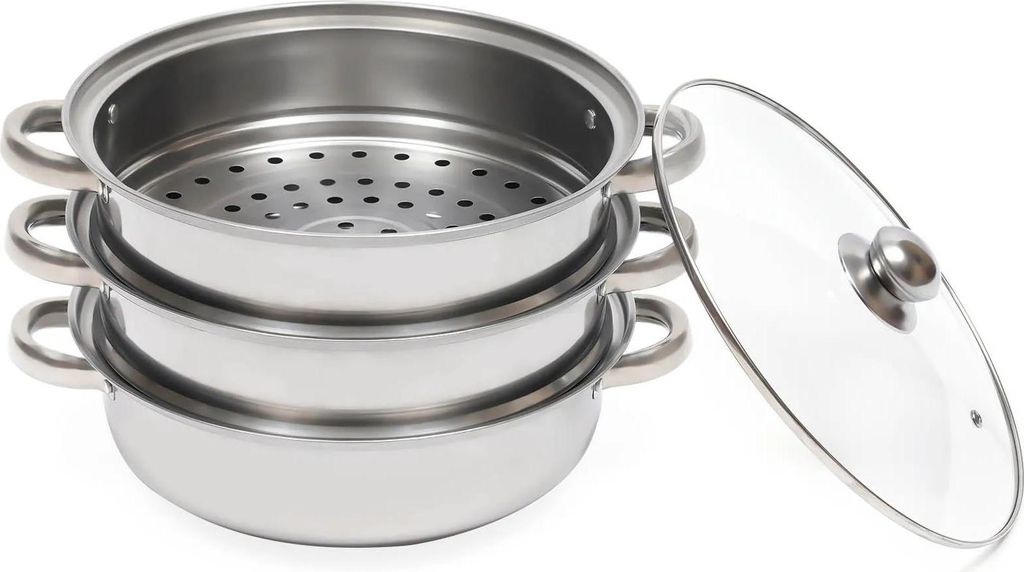 Dampfgarer - Dampftopf mit 2 Ebenen - Glasdeckel zur Sichtkontrolle - Wärmeisolierte Griffe - Für verschiedene Herdarten - Silber