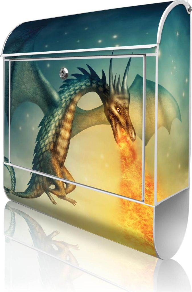 banjado Design Briefkasten Stahl weiß mit Zeitungsfach pulverbeschichtet "Drachen" 38x46x12,5cm & 2 Schlüssel - Postkasten A4 Einwurf inkl. Monta...