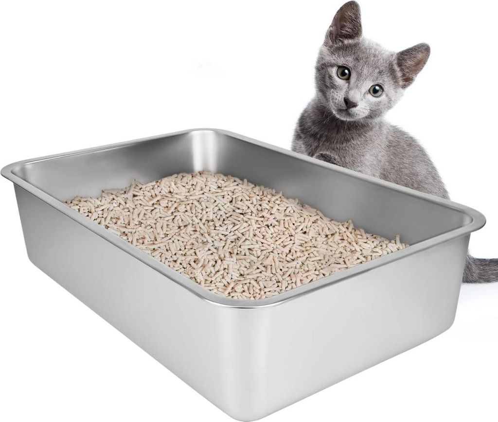 Große Katzentoilette aus Edelstahl, Katzentoilette Katzenklo, Katzen- und Kaninchentoilette aus Metall, riecht nie, fleckenfrei, rostfrei, antihaf...