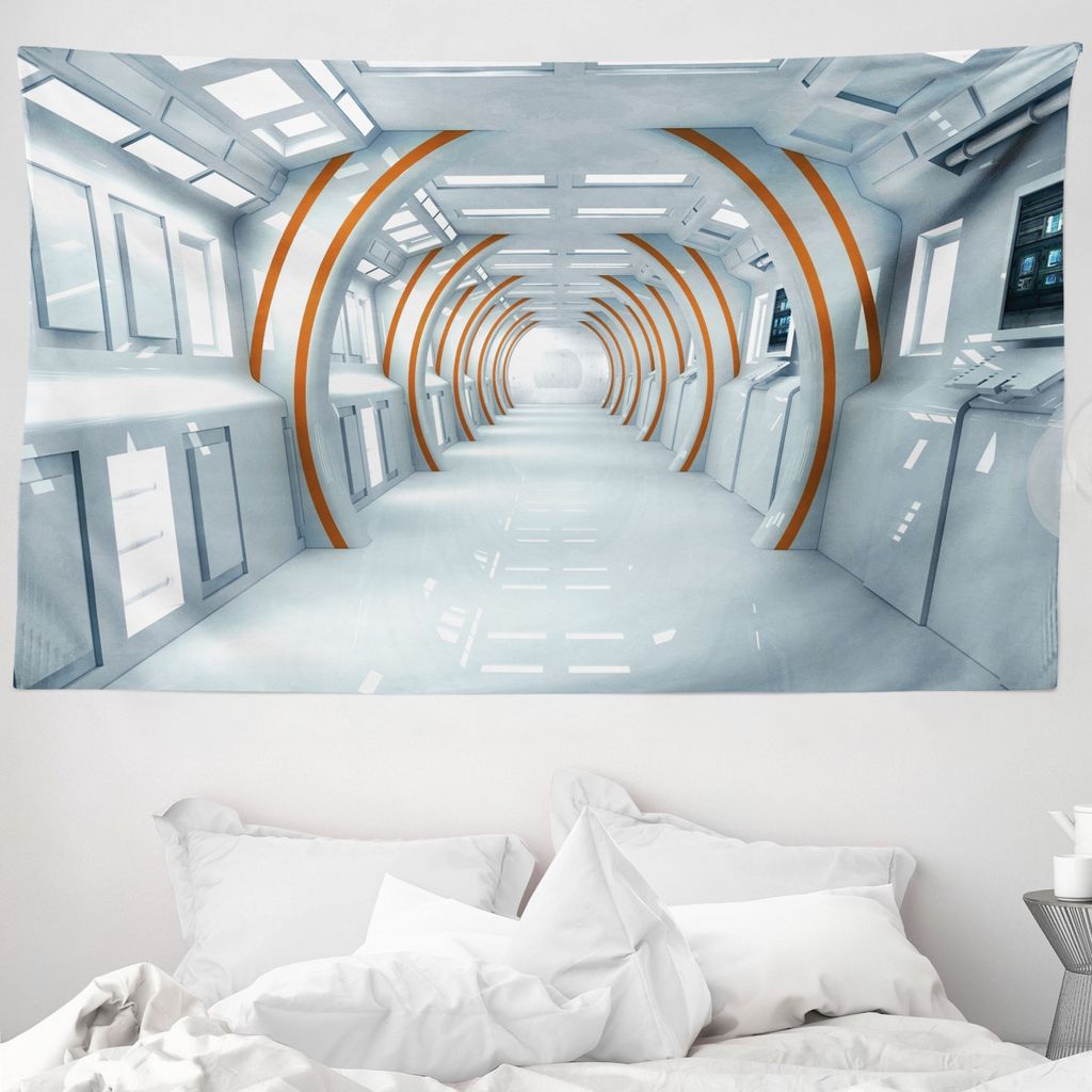 ABAKUHAUS Weltraum Wandteppich, Spaceship Flur aus Weiches Mikrofaser Stoff Waschbar ohne Verblassen Digitaldruck, 230 x 140 cm, Babyblau Orange