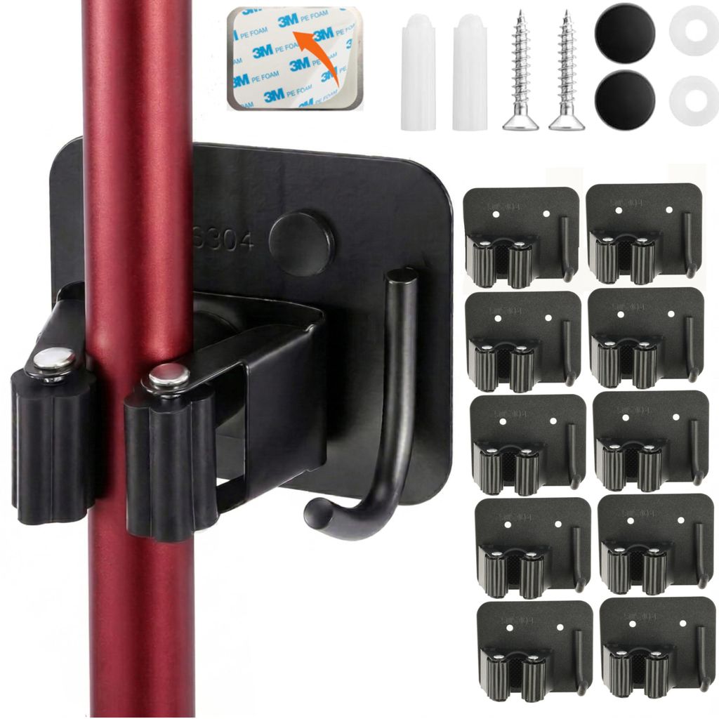 Set 10 Stck. Besenhalter Wandhalterung 4 cm Ohne Bohren, Gerätehalter Edelstahl Rostfrei Schwarz, Mophalter Selbstklebend mit Haken für Haushalt,...