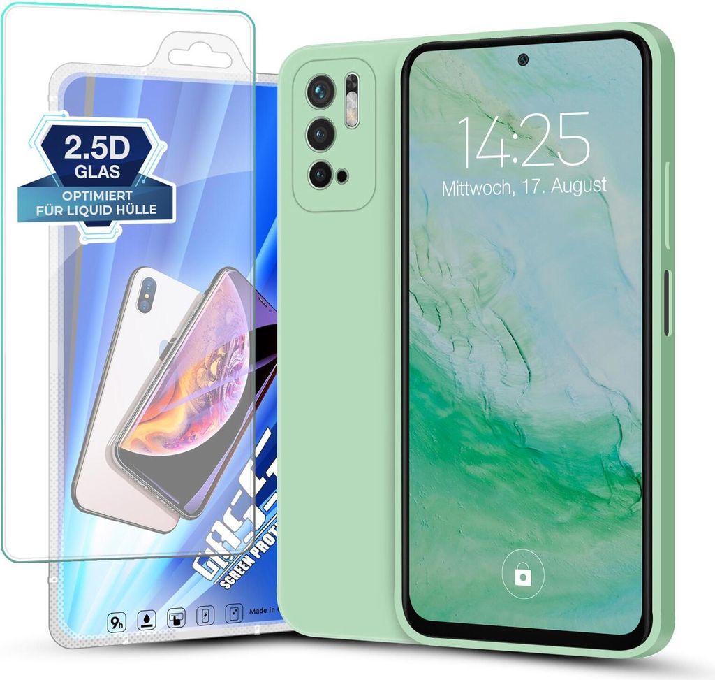 Hülle für Xiaomi Redmi Note 10 5G mit 9H Displayglas Displayschutz Plus Case Cover Bumper Silikon Softgrip Schutzhülle Farbe: Türkis