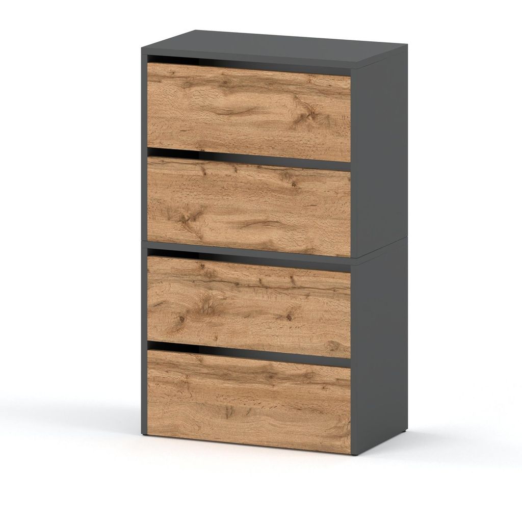 A modern, functional shoe cabinet with a gray matte and Wotan oak finish, presented on a white background.