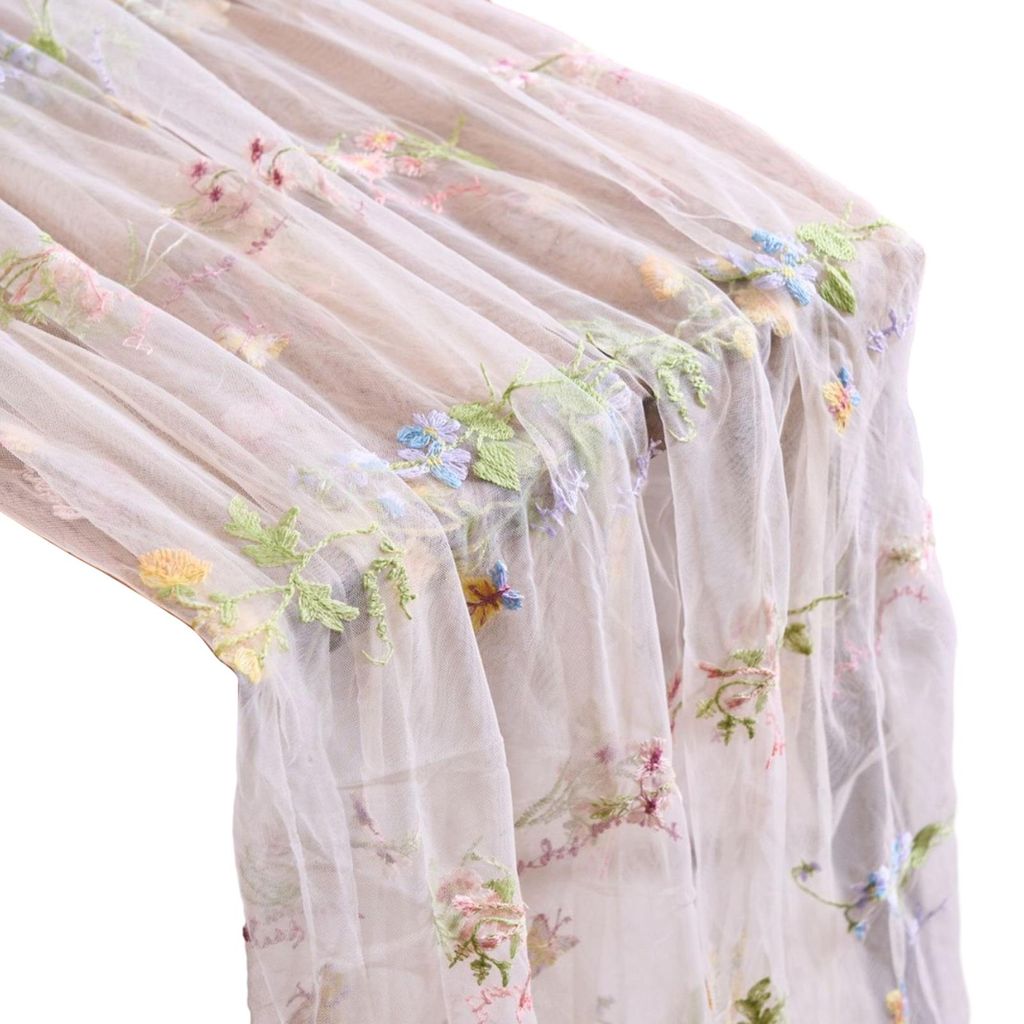 Tischläufer mit Stickerei, Blumenmuster, transparenter Tüll-Tischläufer, Schmetterlingsblumen-Tischläufer für Esstisch, Hochzeit, Babyparty, F...