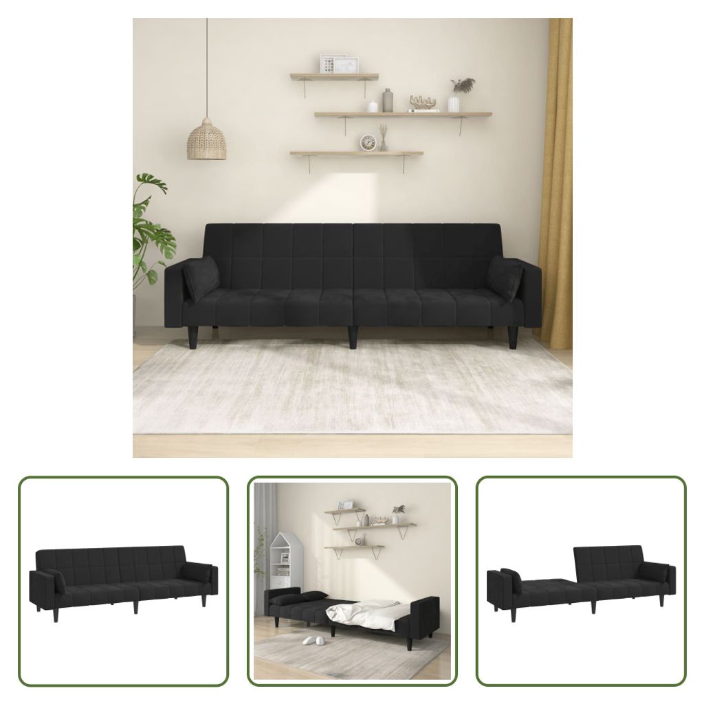 The Living Store Schlafsofa 2-Sitzer mit 2 Kissen Schwarz Samt