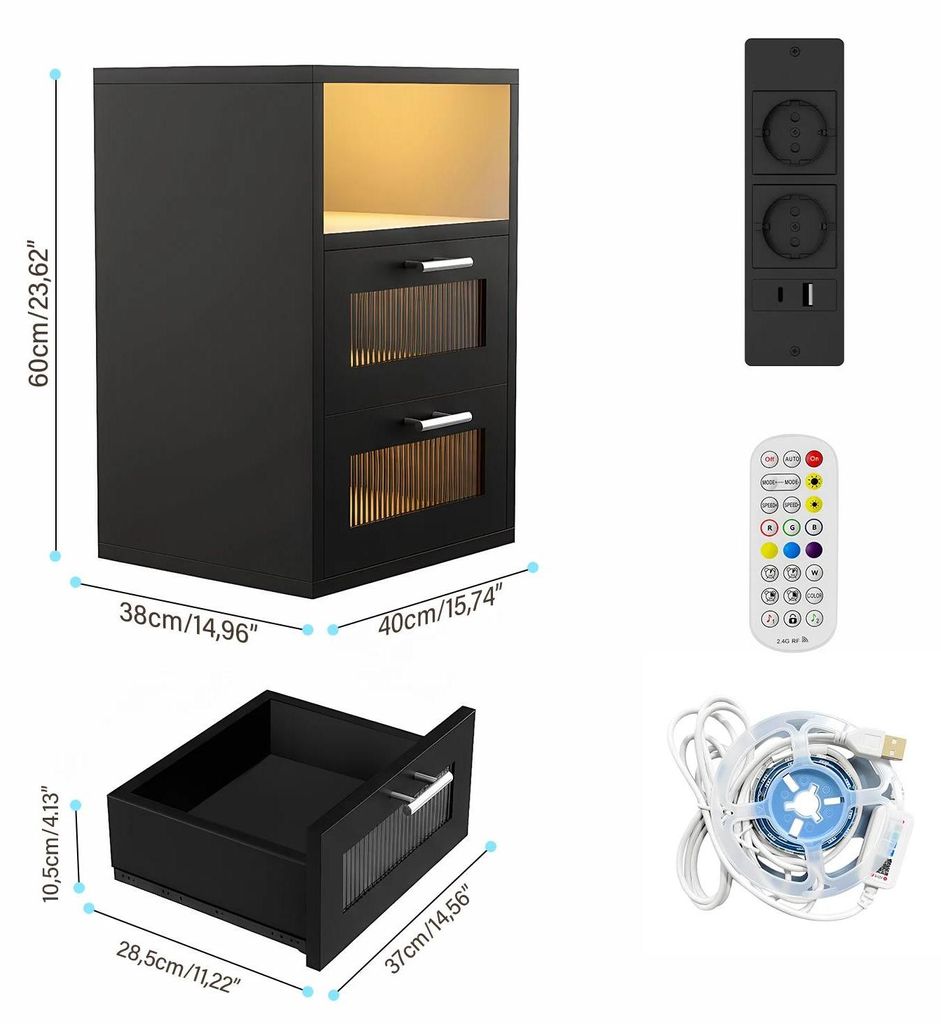 Nachttisch mit LED - Nachtschrank - Ladestation - 2 Schubladen - Spanplatte - Höhe 60–78 cm - Schwarz