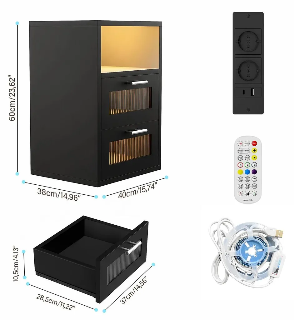 Table de chevet pour chambre avec LED et chargeur de téléphone Noir