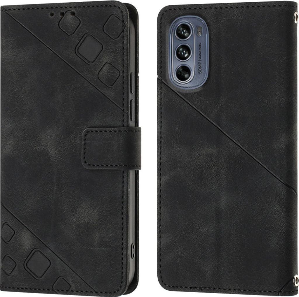 Hülle für Motorola Moto G62 5G Prägung Flip Leder Brieftasche Schutzhülle mit Ständer Schwarz