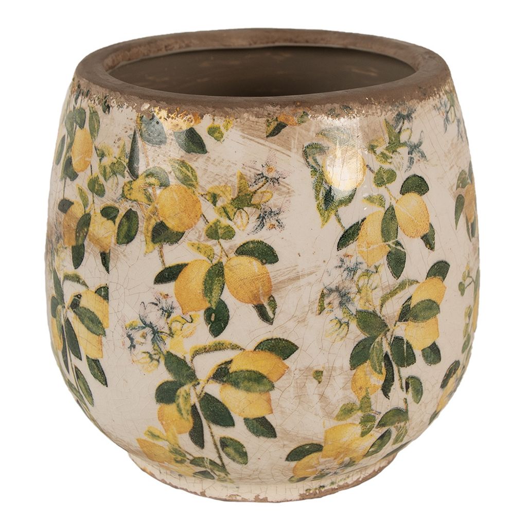 Clayre & Eef Blumentopf Ø 15x15 cm Beige Gelb Keramik Zitronen