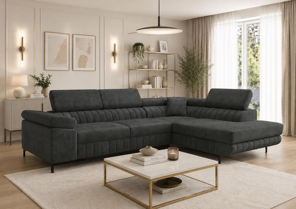 Letano Milano Ecksofa mit Schlaffunktion und Bettkasten, Wohnlandschaft L-Form, Couch Velours fleckgeschützt, MONOLITH 92, Dunkelgrau