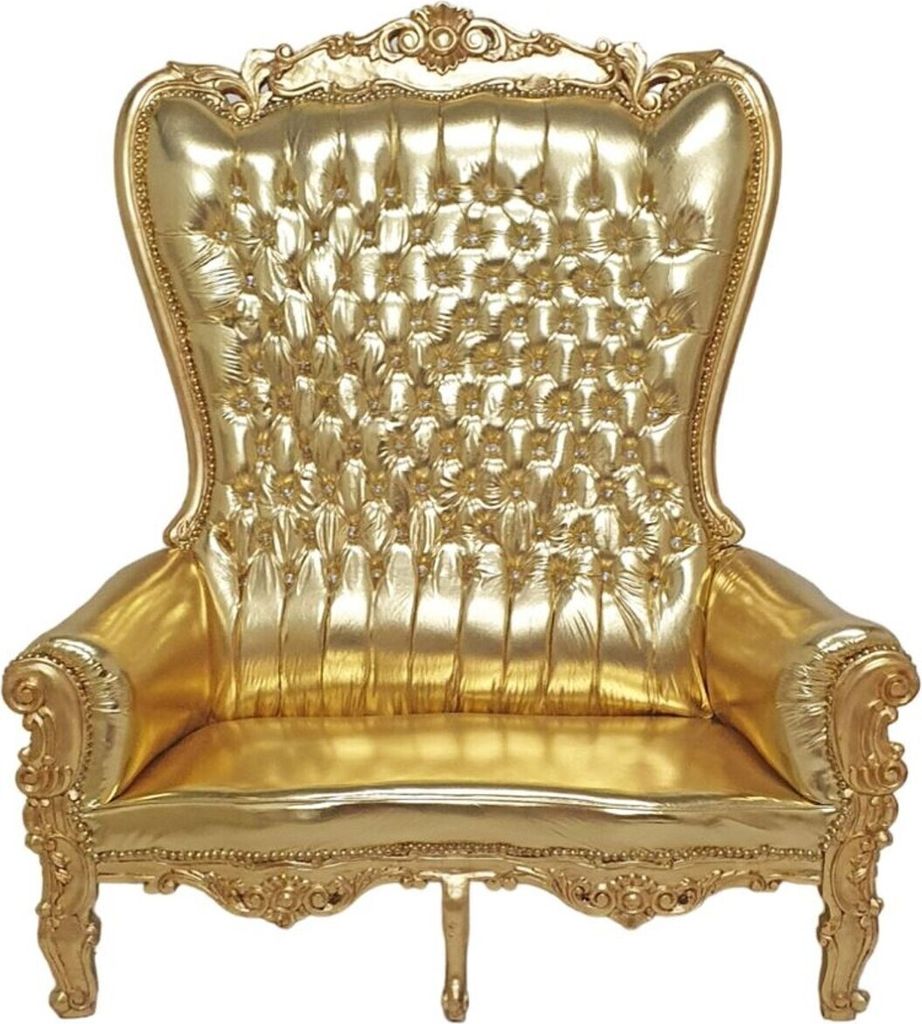 Casa Padrino Barock Doppel Thron Sessel Majestic Gold Lederoptik Bling Bling Glitzersteinen - Riesensessel - Thron Stuhl Tron Sofa