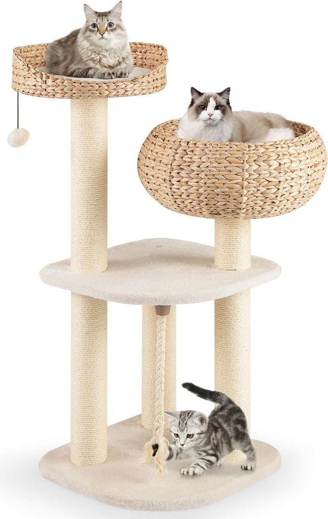 GOPLUS Kratzbaum, Katzenbaum mit Sisal-Säulen, hängendem Ball & einer Schlinge, geräumige Aussichtsplattform, Katzennest aus Stroh für mehrere ...