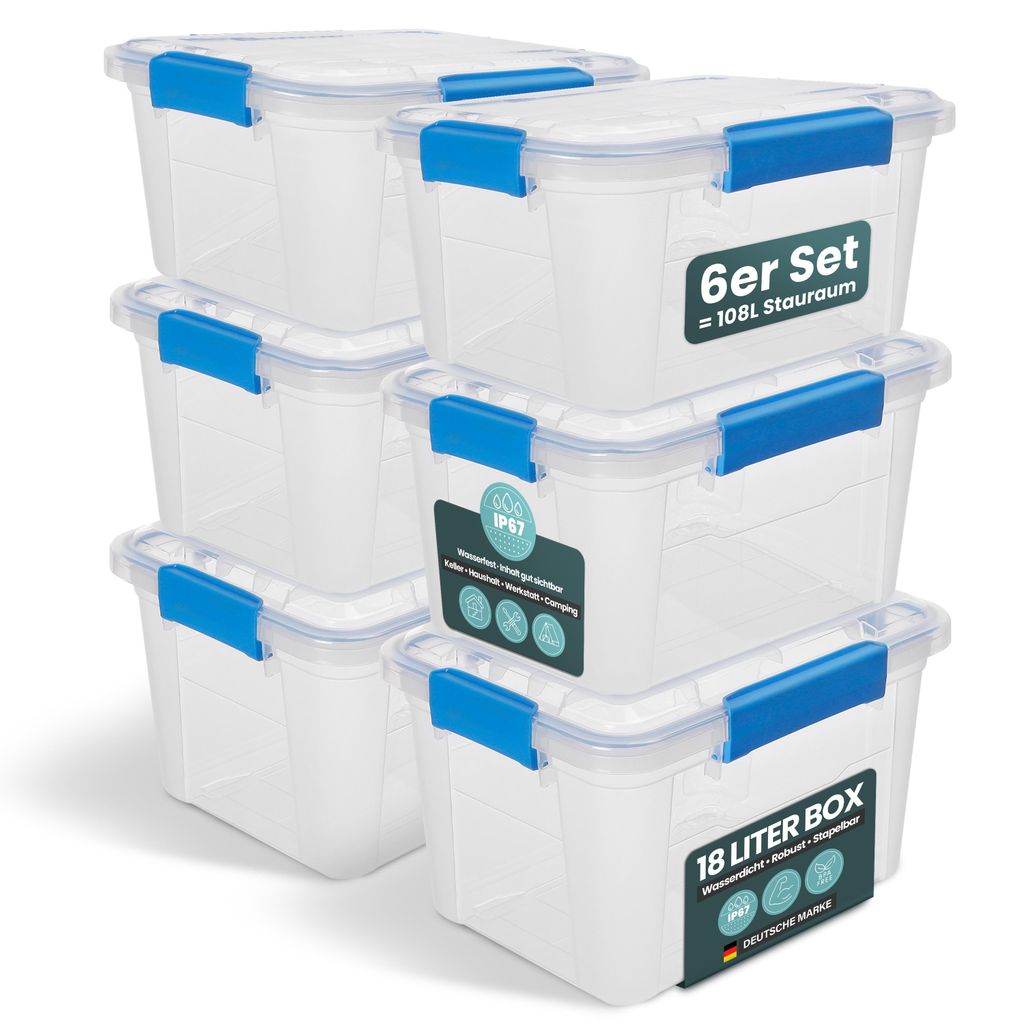 Kreher Aufbewahrungsbox 18 L mit Deckel - wasserdicht & staubdicht, transparent & stapelbar, BPA- & schadstofffrei, robuste Kunststoffbox (6 Stück)