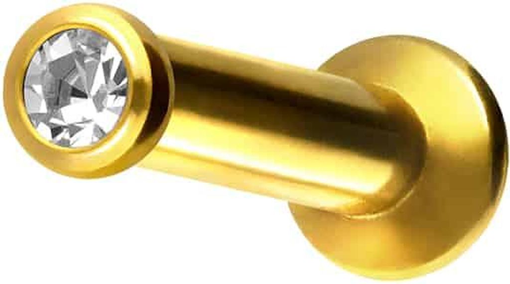 Ohrpiercing, Nasenpiercing Titan Triple Piercing Mini Labret mit Innengewinde FLAT-DISC + KRISTALL Gold Stablänge: 8mm | Discgröße: 1,5mm