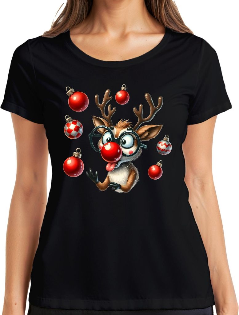 Rudolph Rentier rote Nase Brille Weihnachtskugeln lustig Geschenk Damen T-Shirt, Schwarz, S
