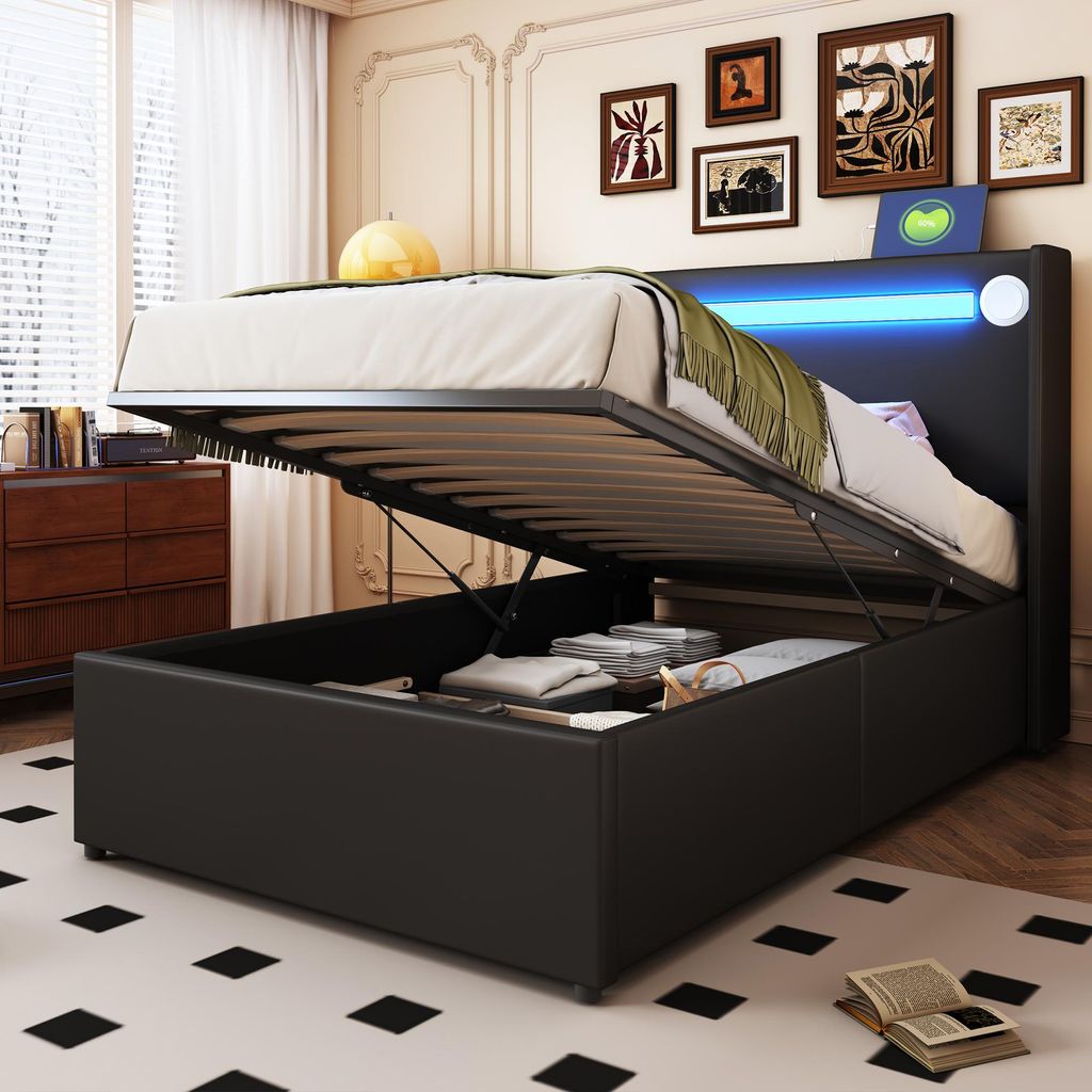 Merax Polsterbett 90x200 cm mit LED Lichtleiste, Jugendbett Produktbild 