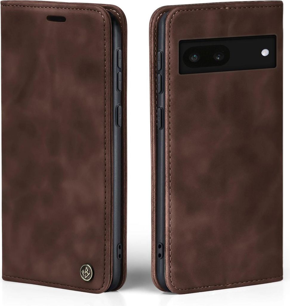 Two views of a brown leather flip case for a Google Pixel 6a phone, shown from the side and the back.