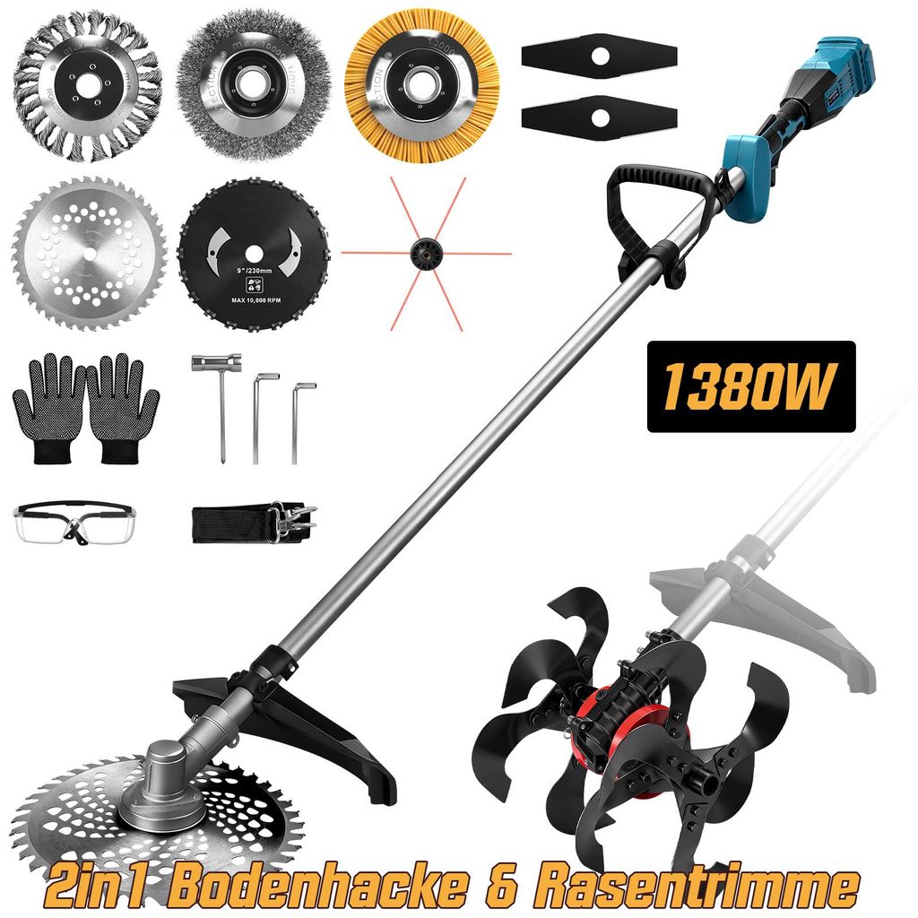 2 IN 1 Akku Rasentrimmer & Gartenfräsen 18800RPM/680RPM 1380W, 7 Klingentypen, Bürstenloser, 25*23cm, Bodenhacke Freischneider, für Makita 18V