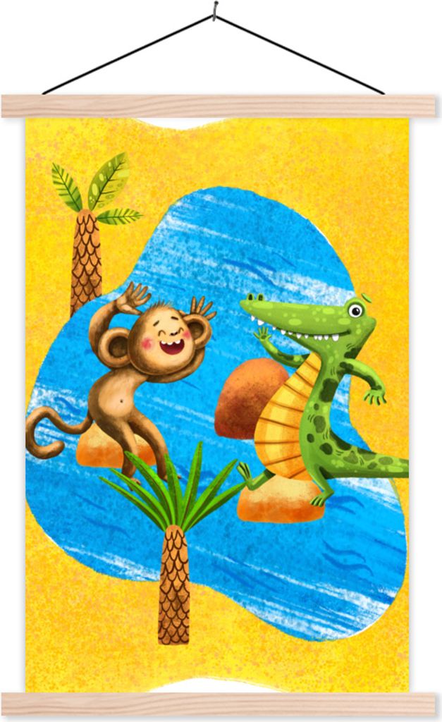 MuchoWow Textilposter Affe - Krokodil - Wasser - Palme 40x60 cm mit holzfarbenen Rahmen - Poster