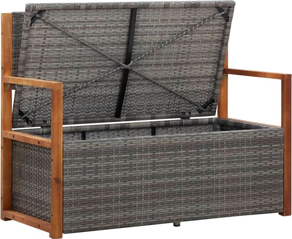 "2026 Aktion" Bank mit Stauraum 115 cm Poly Rattan Massivholz Akazie Grau - 115x50x85 cm DEMöbel 8388170