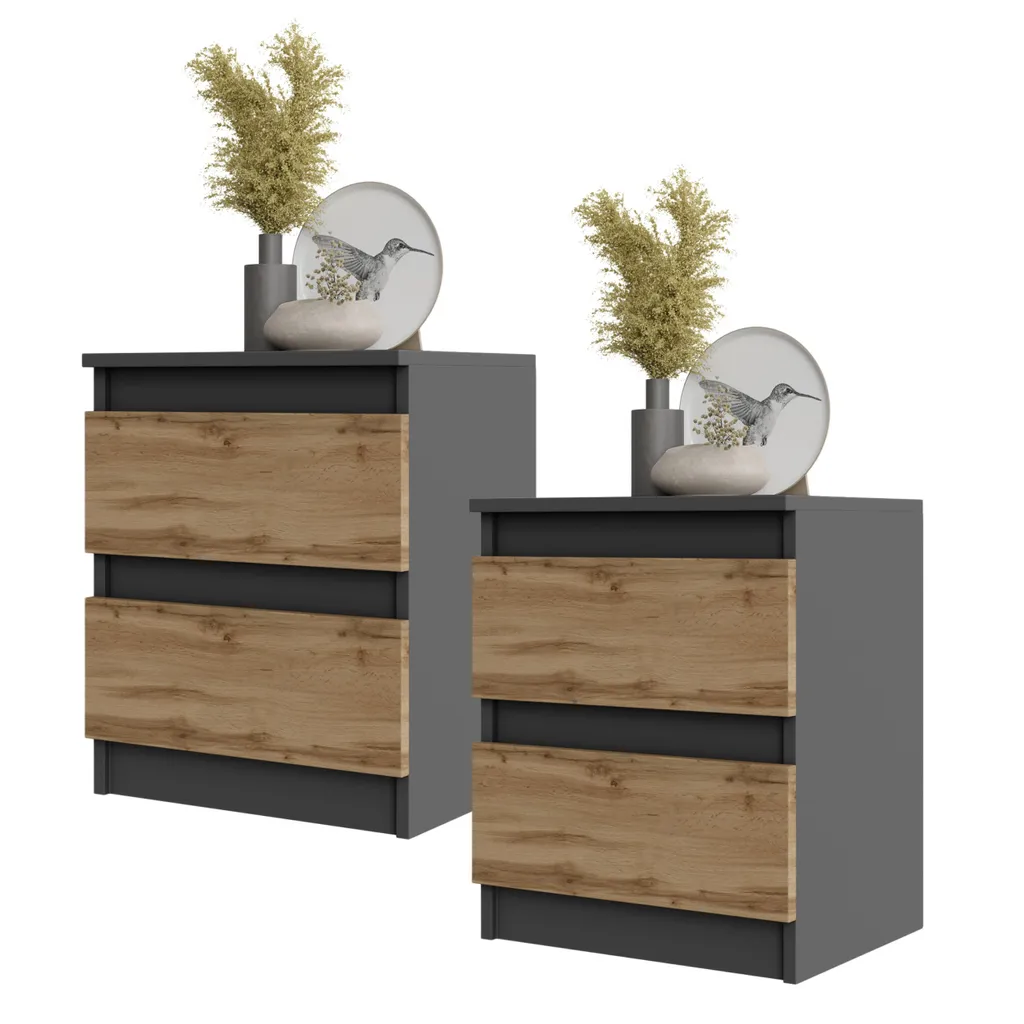Table de Chevet Double Tiroir GABRIEL Gris Anthracite et Bois H50cm - Set 2