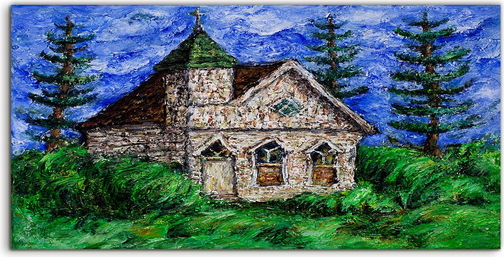 Coloray Spritzschutz aus Glas 100x50 Wandkunst Küchenrückwand Deko Landschaftswiese Gemälde Kirche