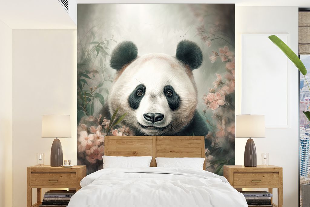 MuchoWow Fototapete für Wohnzimmer oder Schlafzimmer Wandtapete Vinyl Motivtapete Panda - Tiere - Pflanzen - 175x240 cm - Schlafzimmertapete