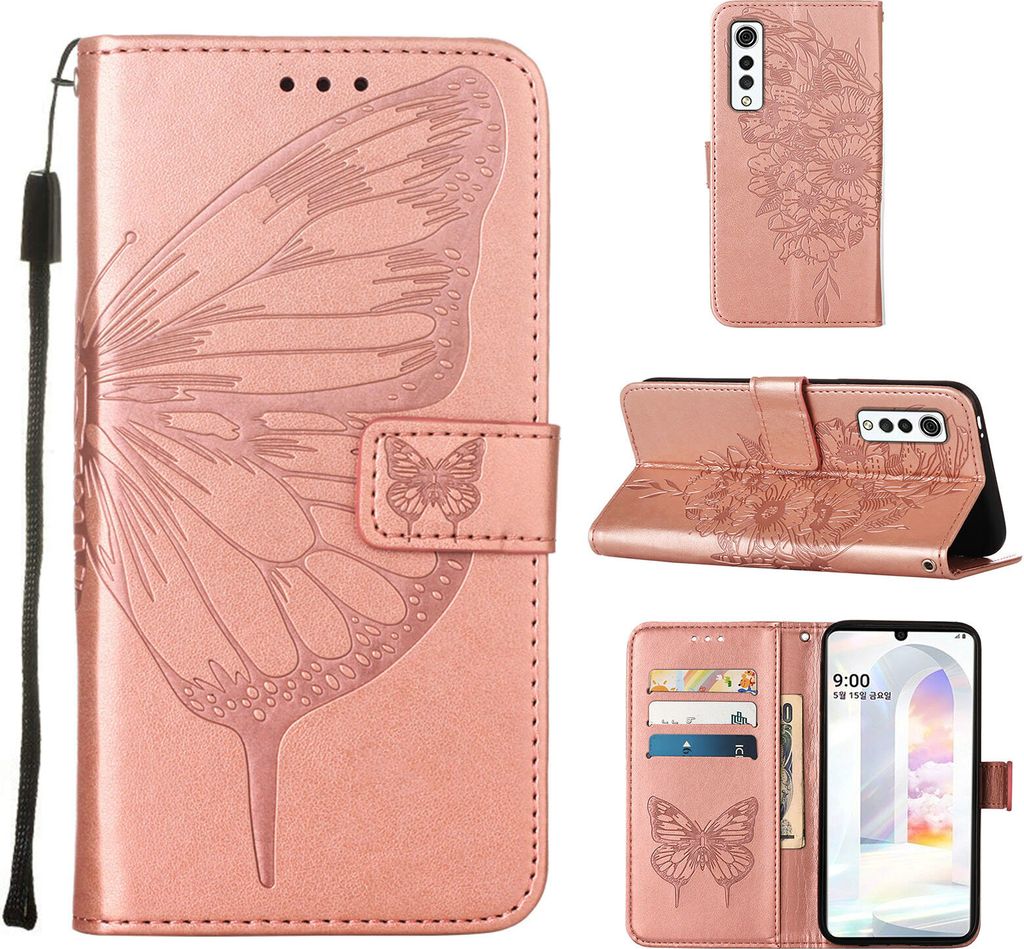 LG Velvet 2 Pro Hülle, Schmetterling Prägung Flip Leder Kartenfächer Schutzhülle Ledertasche mit Ständer für LG Velvet 2 Pro Roségold